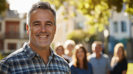 Fototapeta premium Handsome man smiling with friends in background in suburb