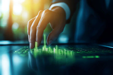 Hand analyzing data on a digital touchscreen with vibrant green graphics and a professional environment.