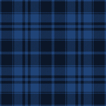 Dark navy blue tartan plaid pattern. Vector seamless check pattern for plaid fabric, flannel shirt, blanket, clothes, skirt, tablecloth, textile.