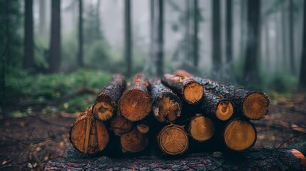 A pile of freshly cut logs rests on the forest floor, surrounded by fog and tall trees in a peaceful woodland setting.. - Powered by Adobe