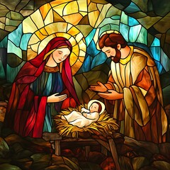 A stained glass window depicting the nativity scene with Mary, Joseph, and the baby Jesus in a manger.