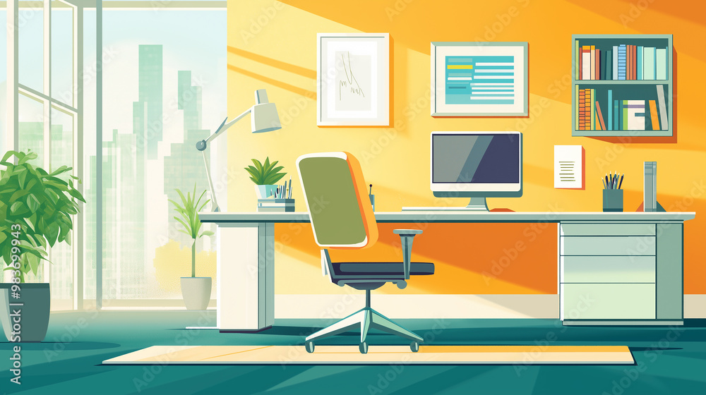Poster modern office interior with computer on desk by window overlooking city view