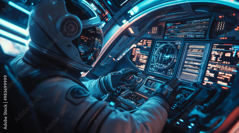 Aufkleber Astronaut piloting futuristic spaceship using control panel with digital display screens