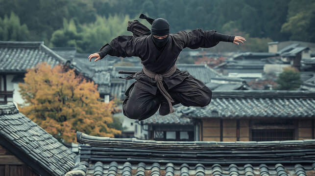 Ninja warrior jumping roofs in traditional japanese village