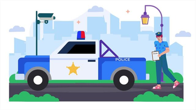 a cartoon police officer standing next to a patrol car illustration animated video