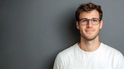 Obraz premium Portrait of a Smiling Man Wearing Glasses and a White T-shirt
