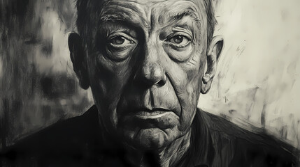 An old charcoal drawing portrait of a man with a serious expression, staring off into the distance. Charcoal Drawing. Illustration