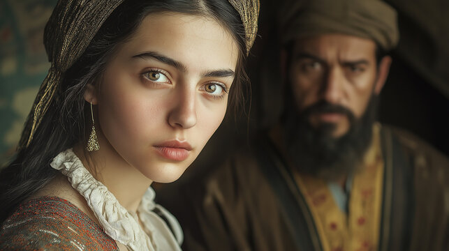 Young woman posing with a sultan in traditional clothing