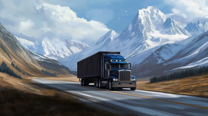 Obraz premium Semi-trailer truck driving on a mountain road with snowy peaks in the background