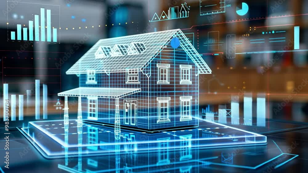 Poster A 3D model of a house is showcased with various data analytics and graphs projected on a screen in a contemporary office environment, suggesting advanced technology use.