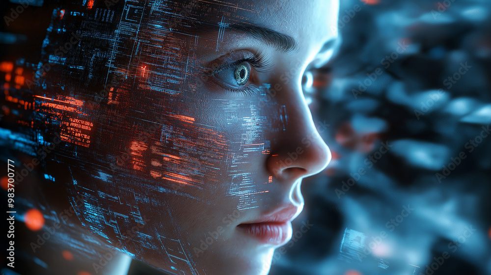 Poster woman face merging with digital code data flowing through her mind