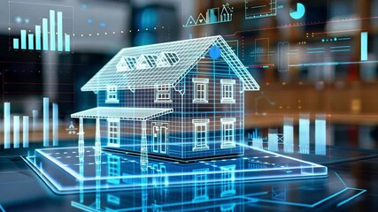 A 3D model of a house is showcased with various data analytics and graphs projected on a screen in a contemporary office environment, suggesting advanced technology use. - Powered by Adobe