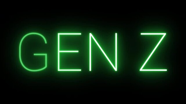 Flickering neon green glowing gen z sign animated black background.
