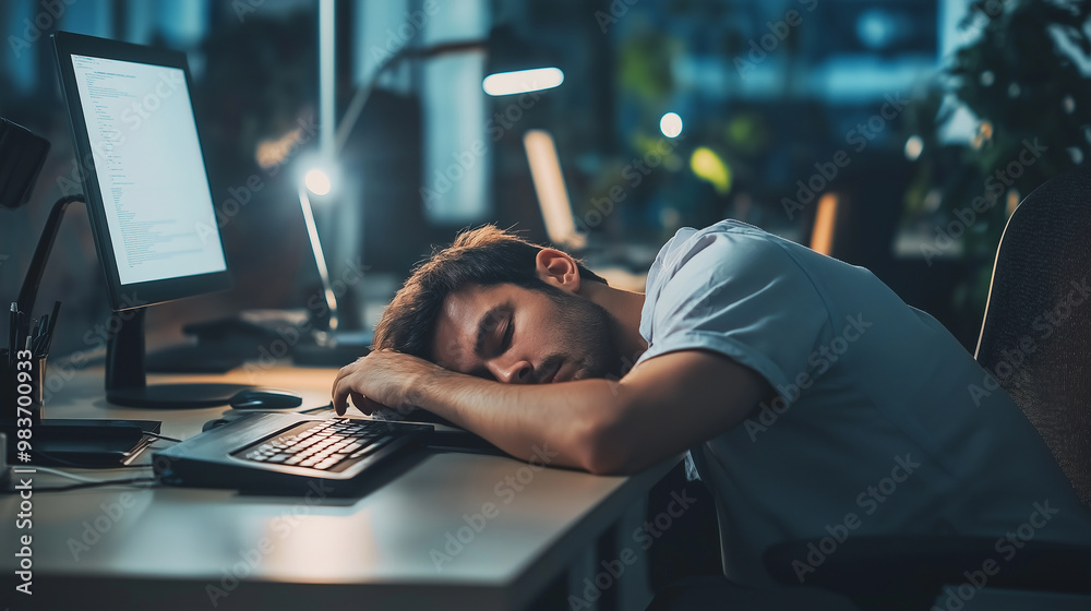 Poster Exhausted programmer sleeping on keyboard at desk in office at night