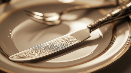 A luxurious wedding cake knife with an intricate design on the handle sits on a clean white plate. The bright lights in the room create a delicate reflection on the polished metal.