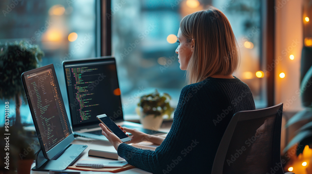 Poster Programmer is checking her phone while working late on her code
