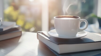 Fototapeta premium A steaming cup of coffee rests on a stack of books by a window with sunlight streaming in, creating a cozy and inviting atmosphere.