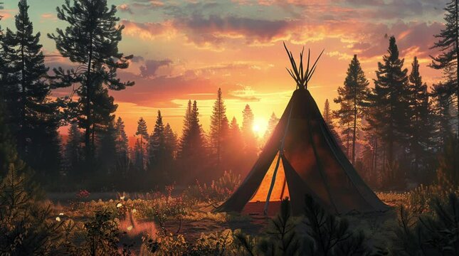 Beautiful Indian tent nestled in a tranquil forest, illuminated by the vibrant colors of a stunning sunset sky, creating a magical o Seamless looping 4k time-lapse virtual video animation Generated AI