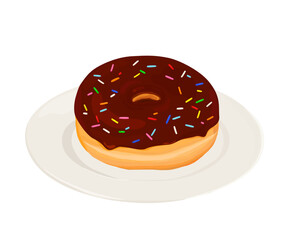 Chocolate glazed sprinkle donut on a white plate. Hand drawn vector illustration.