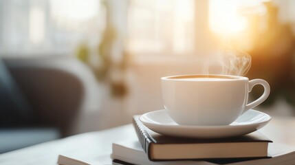 Steaming coffee in white cup on books with morning sunlight. Cozy scene perfect for relaxation and reading with warm natural light.