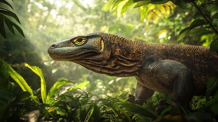 Obraz premium A vibrant image of a Komodo Dragon moving through the lush undergrowth of a tropical forest