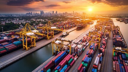 Sunset Over a Busy Cargo Port