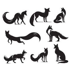 set of silhouettes of fox on white