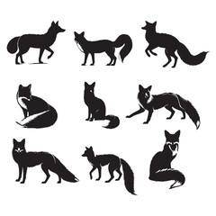 set of silhouettes of fox on white