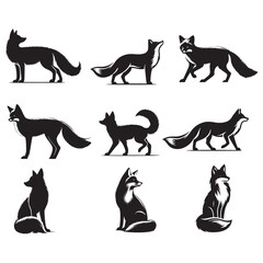 set of silhouettes of fox on white