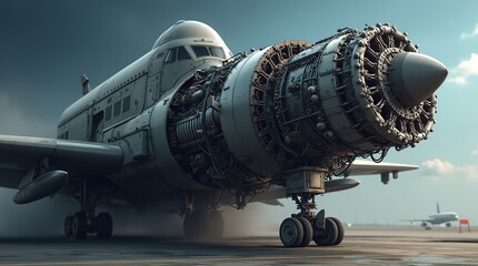 Detailed view of an aircraft engine in photorealistic style