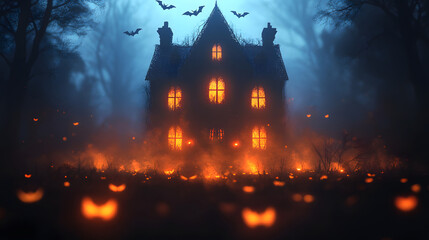 Haunted house in the foreground with a papercut style, surrounded by bats and mist, capturing the essence of Halloween night.