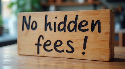 No hidden fees message displayed on wooden block sign