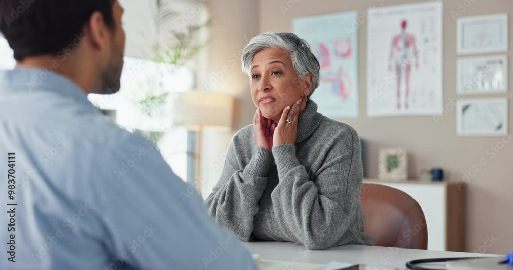 Sticker Sore throat, checkup and senior woman by doctor in hospital for flu, cold or cough illness. Healthcare, sick and patient with medical worker for consultation with bacterial infection in clinic.