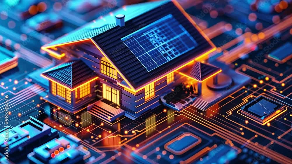 Poster A detailed house model features solar panels and glowing elements, set against a backdrop of intricate circuit patterns, creating a unique tech-inspired atmosphere.