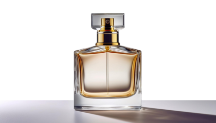 transparent perfume bottle with  gold cap, placed centrally on a transparent background png