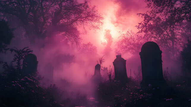 Halloween cemetery with a purple background, silhouetted gravestones, and mist flowing through the graveyard.