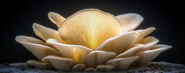 Close-up of oyster mushrooms growing in a hydroponic setup, illuminated with soft natural light, edible mushrooms, urban farming concept