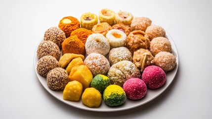 A colorful collection of Diwali sweets like ladoos and barfis arranged on a simple white plate, set against a neutral background.