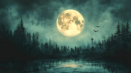 Naklejka premium Full moon lighting up a spooky cemetery scene at night, with a flock of bats flying overhead, painted in soft watercolor.