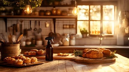 Fototapeta premium kitchen scene with an air freshener spray bottle on the counter, surrounded by baked goods