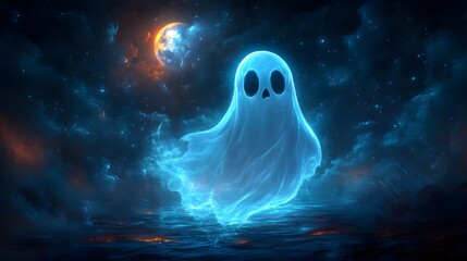 Cartoon 3D vector of a ghost in a dark Halloween night, with a bright full moon lighting the background, ideal for an invitation template.