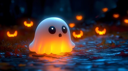 Cartoon 3D vector of a ghost in a dark Halloween night, with a bright full moon lighting the background, ideal for an invitation template.