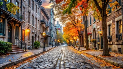 Fototapeta premium Old cobblestone streets of Montreal in fall season , Old Montreal, autumn, Quebec, Canada, historic