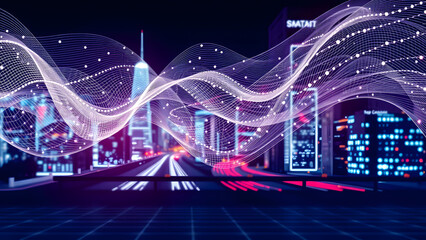 Obraz premium Smart city and abstract dot point connect with gradient line and aesthetic Intricate wave line design , big data connection technology concept. vector
