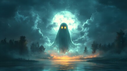 Full moon shining over a Halloween night scene with a ghost floating, 3D vector style perfect for party invitations.