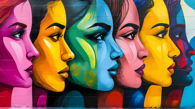Colorful mural with diverse women's faces painted side by side, representing unity and cultural diversity. Graffiti Mural. Illustration