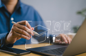 Digital technology web course training seminar, e-learning education concept on the laptop computer. online internet lessons Learning and online icons webinar communication business