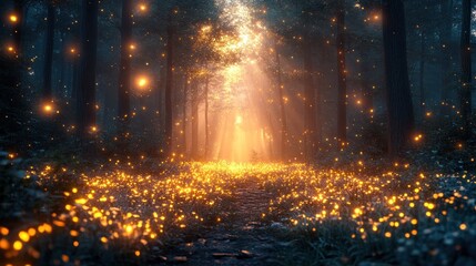 Fototapeta premium Enchanted forest with glowing lights and a mystical atmosphere.