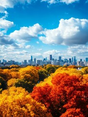A breathtaking cityscape with colorful autumn trees in the foreground, showcasing the beauty of nature against the backdrop of an urban skyline. The vibrant colors of fall, the towering buildings, and