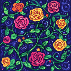 2D illustrator doodle-style floral and leaf graphics on a white background or wallpaper